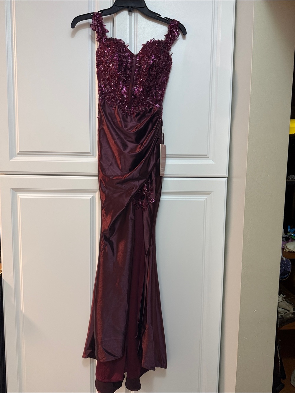 Burgundy Lace Appliqué Prom Dress with Beaded Bodice